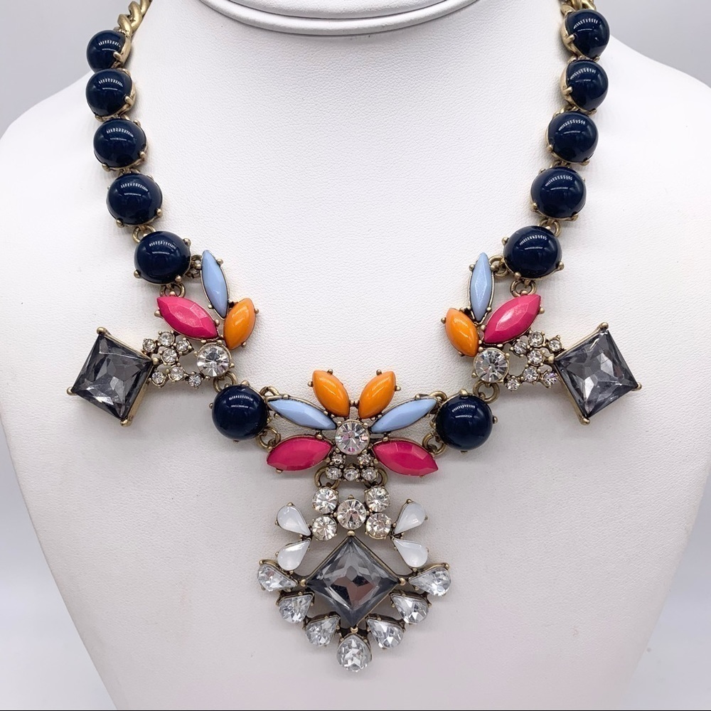 J. Crew Navy Pink Orange Jeweled Necklace - Picture 1 of 3